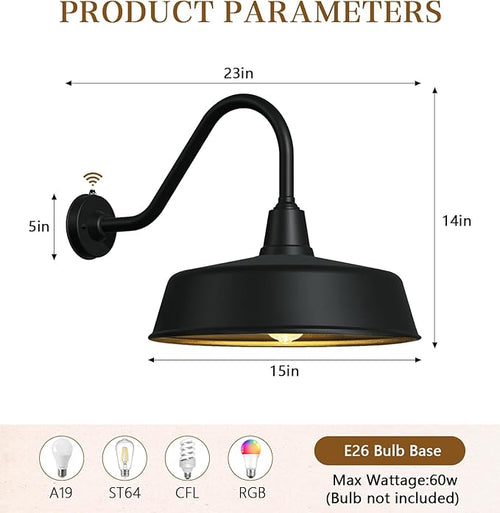 15 Inch Large Extended Arm Outdoor Barn Lights Dusk to Dawn Galvanized Material Waterproof and Rustproof Farmhouse Lighting Fixtures Suitable for Porch Garage Outdoor Gooseneck Lights.