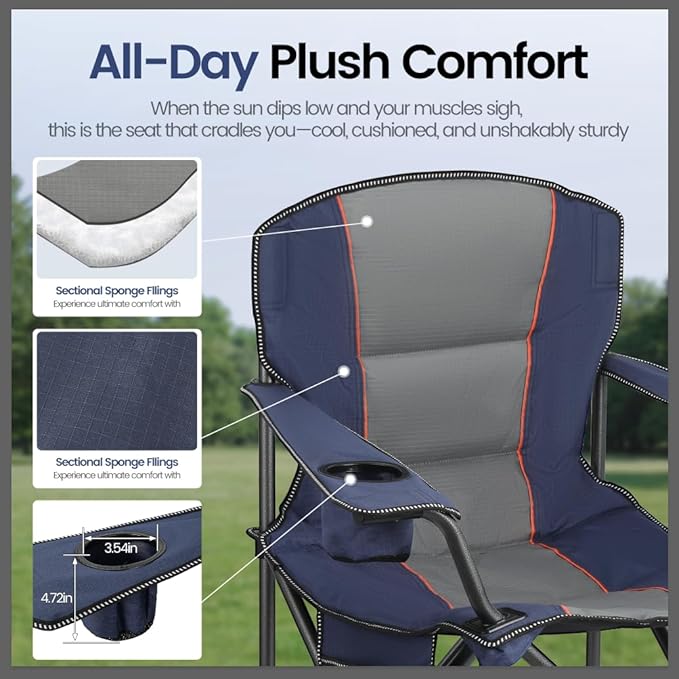 2 Pack Heavy Duty Oversized Camping Chair for Adults 400lbs w/Lumbar Support - Folding Chairs with Side Pocket Cup Holder &amp Cooler Bag for Beach Fishing Lawn Backyard Navy Blue
