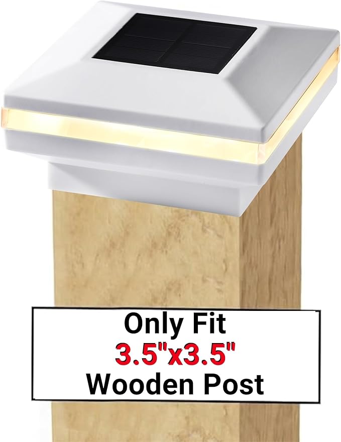 Dynaming 12 Pack Solar Post Lights Outdoor Solar Powered Decorative Post Cap Light White Shell &amp Warm White LED Lighting for Fence Deck Patio Only Fit 3.5x3.5 Wooden Posts