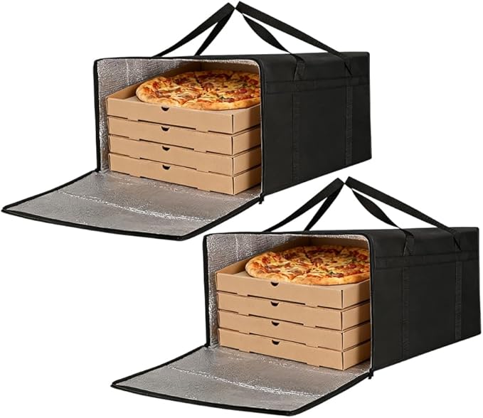 2 Pcs Black Insulated Pizza Delivery Bag 24x24x14 Inch Reusable Pizza Warmer Carrier for Food Delivery Professional &amp Personal Insulated Cooler Box with Secure Handles