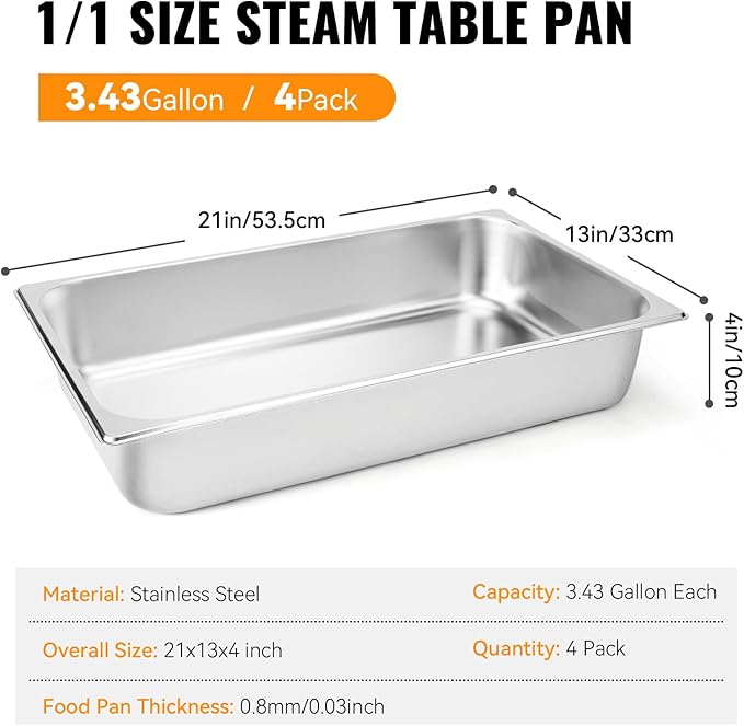 4 Pack Hotel Pans 1/1 Full Size 4’ Deep Steam Table Pan with Lid 21 L x 13 W Commercial Stainless Steel Pan Food Containers Catering Supplies Buffet Display