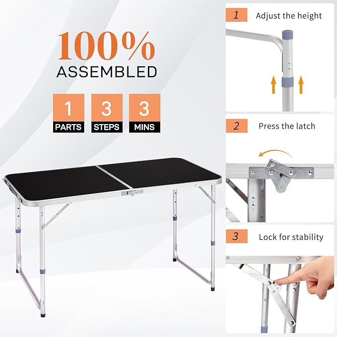 4.0 Ft Folding Portable Camping Table with Three Adjustable Heights RV Tables for Inside a Camper Outdoor BBQ Dining Picnic Cooking Beach Garden Black
