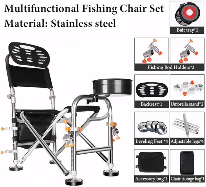 Fishing Chair with Rod Holder Folding Ice Fishing Chair Multi-Functional Stainless Steel Fishing Stool Height Retractable 10.5 Inch Backrest Adjustable 180° with Portable Storage Bag