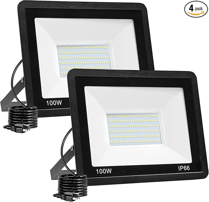 2 Pack 100W LED Flood Light Outdoor10000LM Work Spotlight with US Plug6000K Daylight WhiteIP66 Waterproof Exterior Security Floodlights for YardGardenBackyardPatioStadiumParking Lot