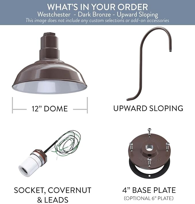Steel Lighting Co. Westchester Barn Light | Outdoor Wall Mounted | 12 inch Dome | Upslope Gooseneck| Warehouse Steel Light Made in America | Dark Bronze Exterior/White Interior