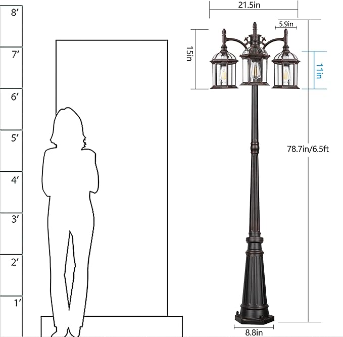 Aluminum Outdoor Lamp Post Birdcage Hardwired Street Light for Outside 3-Head Pole Light Modern Lamp Post Outdoor Lighting with Clear Glass Panels for Garden Patio Backyard Walkway Driveway