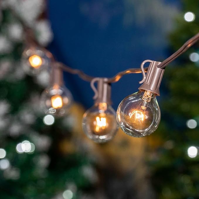G50 Patio String Lights with 25 Clear Globe Bulbs – Outdoor String Lights – Market Bistro Café Hanging String Lights – Patio Garden Umbrella Globe Lights - Brown Wire - 25 Feet