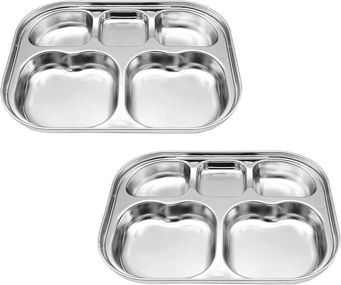 Korean Stainless Steel Divided Plates for Toddlers Kids Babies Premium 304 Electro-Polished No Black Residue BPA-Free 5-Compartment Food Tray Camping Picky Eaters Set of 2