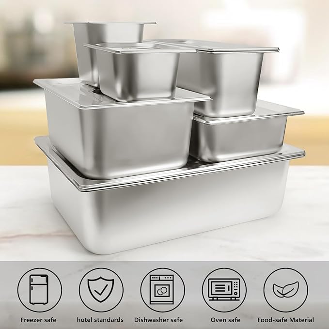 6 Set Stainless Steel Hotel Pans Full Size 2 1/2 Inch Deep With Lids Anti-Jam Chafing Steam Table Pans Catering Food Storage Metal Pan