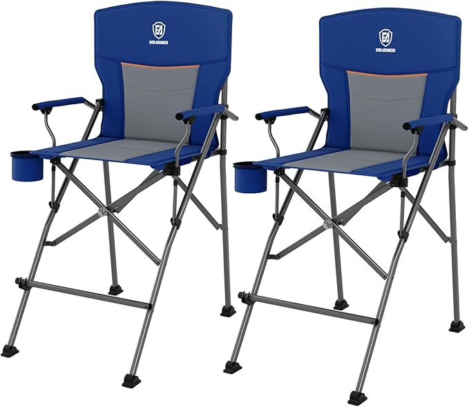EVER ADVANCED 2 Pieces Tall Camping Camping Directors Chair with Cup Holder 31 Bar Height Folding Chair for Camping Sports with Carry Bag Mesh Pockets and Footrest Heavy Duty 300 lbs Blue