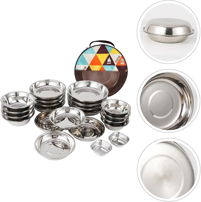 Portable Outdoor Camping Tableware Food-Grade Stainless Steel Plates Bowls Cutlery with Storage Bag Lightweight Compact Dining Tools for Hiking Picnic Rv and Travel