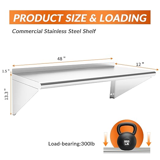 Commercial Stainless Steel Shelf 12 x 48” Wall Mounted Food Service Storage Rack Shelves Heavy Duty 300 lb Metal Shelf for Kitchen Restaurant Food Truck Garage Laundry Room