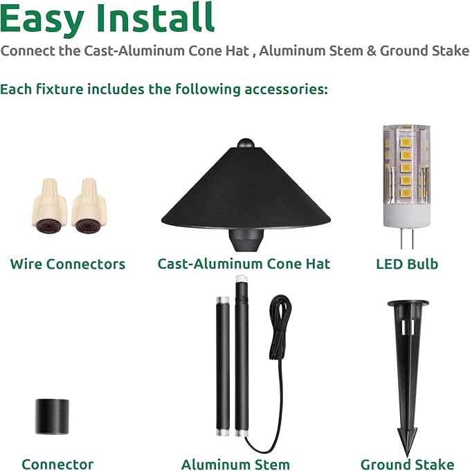 Lumina Lighting® Low Voltage Landscape Lighting Cast-Aluminum Path and Area Light Warm White 3W G4 LED Bulb and ABS Ground Stake Included for Yard Walkway Lawn PAL0105-BkLED6 (Black6-Pack)