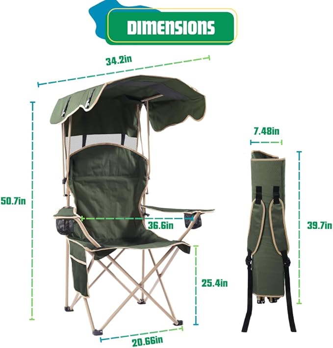 EZONE Folding Canopy Camp Chair for Outdoors Shade Canopy Portable Chair Camping Tailgates Beach Pool Lawn Chair Sunshade Travel Chair Folding Camping Chair (Upgraded - Olive Green)