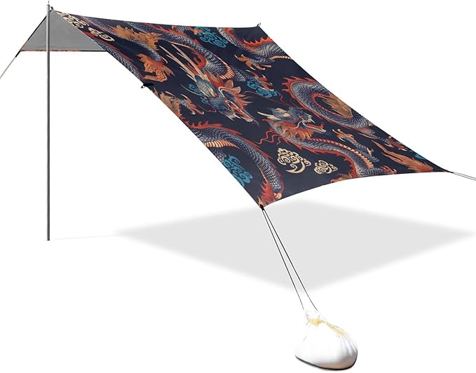 Chinese Dragon Beach Tent Sun Shelter 9.2' x 10.5' Beach Canopy with 4 Sandbags 4 Stability Poles Sand Shovels - Tent Canopy for Beach Camping Fishing Picnics