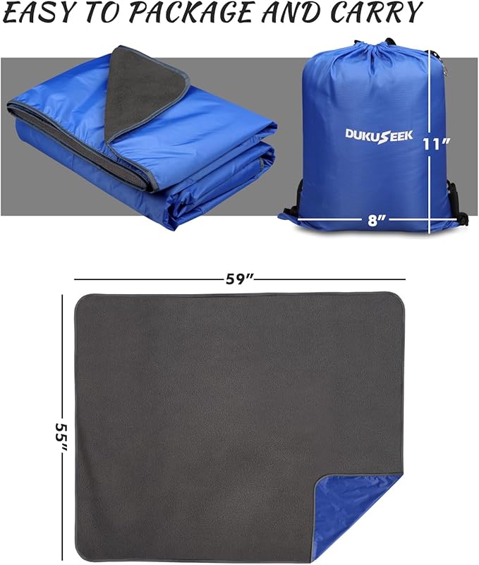 DUKUSEEK Outdoor Waterproof Stadium Blanket with Hood Windproof Camping Blankets for Cold Weather Sports Yard Soccer Large Warm Fleece All Weather Blankets Dark Blue 59x56