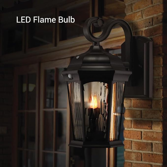 Euri Lighting EFL-130W-MD Flickering Flame Porch Light Water Glass with Integrated Security Light (3000K) Motion-Sensor Dusk-to-Dawn Oil Rubbed Bronze Housing