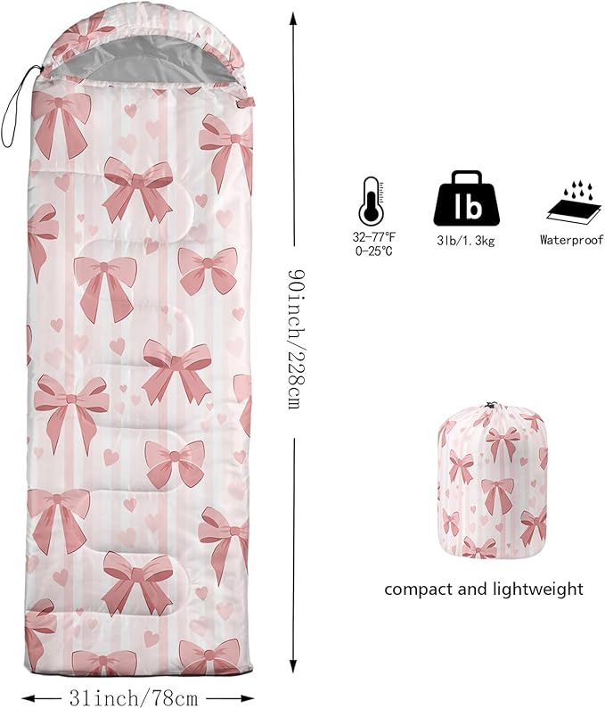 Pink Bow Sleeping BagGirly Princess Bowknot Camping Bag for Girls KidsPink and White Striped Lightweight Warm Portable Outdoor Indoor-Waterproof Cold Weather Resistant for Camping Hiking