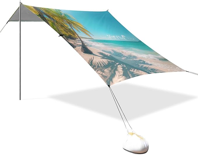 Beach with Palm Trees Beach Tent Sun Shelter 9.2' x 10.5' Beach Canopy with 4 Sandbags 4 Stability Poles Sand Shovels - Tent Canopy for Beach Camping Fishing Picnics