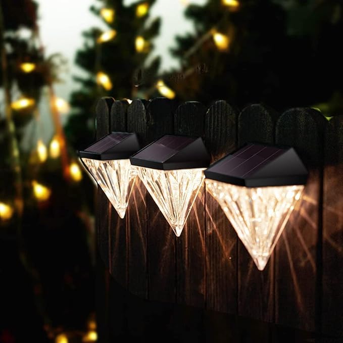 Diamond Solar Garden Lights Outdoor Waterproof LED Solar Deck Lights Outdoor Patio Wall Decor for Fence Deck Step Wall Railing Patio Warm White 4Pack
