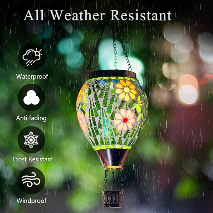 Mosica Hot Air Balloon Solar Lantern Flower Pattern Glass Hanging Solars Lanterns Outdoor Waterproof Decorative Solar Light for Garden Yard Patio Decor