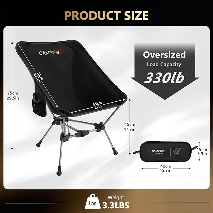 Portable Camping Chair Lightweight Compact Backpacking Chair with Side Pocket Wide Seat Folding Chair for Camping Hiking Beach - Supports 330Lbs Black