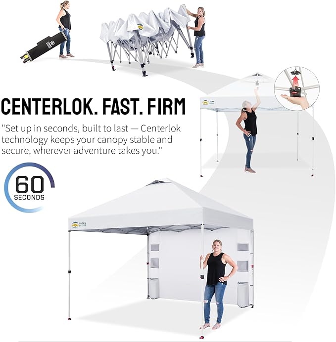 CROWN SHADES Canopy Tent 10x10 Pop Up Canopy Outdoor Shade with Pockets Sidewall Easy Up Sun Shelter with One Person Set Up Center Lock Portable Instant Camping Beach Canopy Tents Grid White