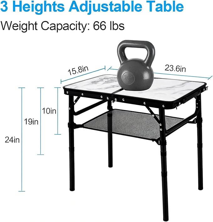 Small Folding Camping Table 2ft Portable Table with 3 Adjustable Heights Aluminum Lightweight Foldable Picnic Table with Mesh Layer and Extension Legs for RV Camp and Indoor (Black Frame)