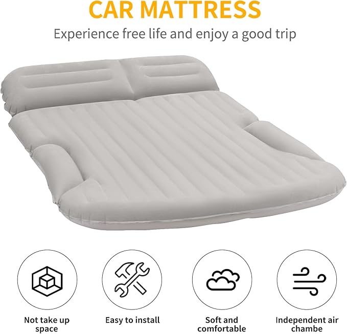 KMZ SUV Air Mattress Thickened and Double-Sided Flocking Travel Camping Bed with 2 Pillows &amp Electric Pump Dedicated Mobile Cushion Inflatable Bed for SUV Trunk and Rear Seat (Light Gray)