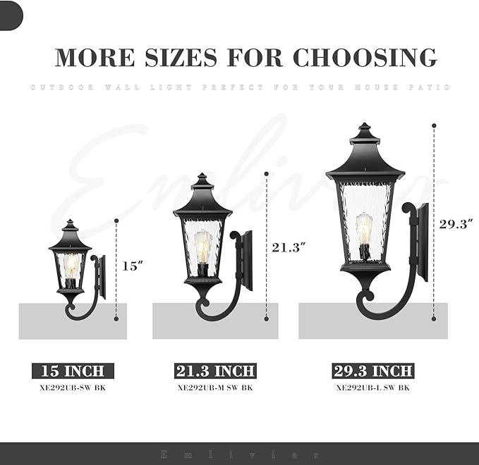 Emliviar Outdoor Light Fixture Wall Mount 15 Inch 1-Light Exterior Wall Sconce Light with Water Ripple Glass Black Finish XE292UB-SW BK