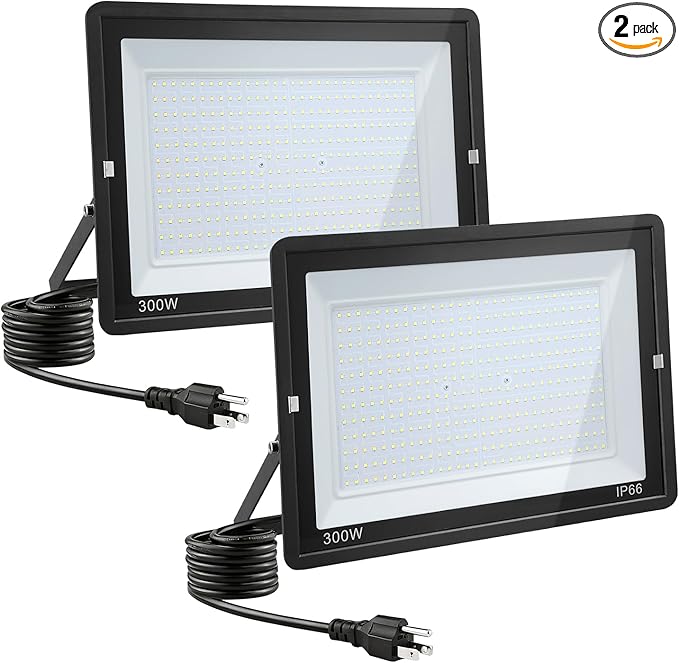300W LED Flood Light Outdoor 2Pack 30000LM Super Bright IP66 Waterproof Outside Work Lights 6500K Daylight White Security Lights Plug in Flood Light for Yard Garage Garden Patio