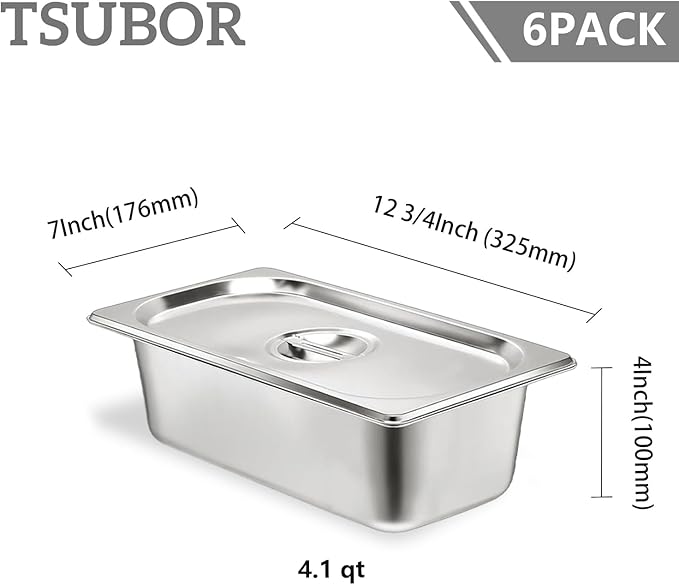 6 Set Stainless Steel Hotel Pans 1/3 Size 4 Inch Deep With Lids Anti-Jam Chafing Steam Table Pans Catering Food Storage Metal Pan