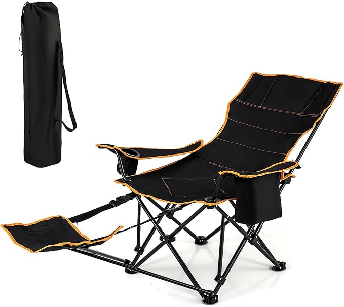 KOTEK Reclining Camping Chair Portable Camp Chair with Removable Footrest Adjustable Backrest Cup Holder Cooler Bag &amp Carry Bag Folding Lawn Chair for Adults Outdoor Activities (1)