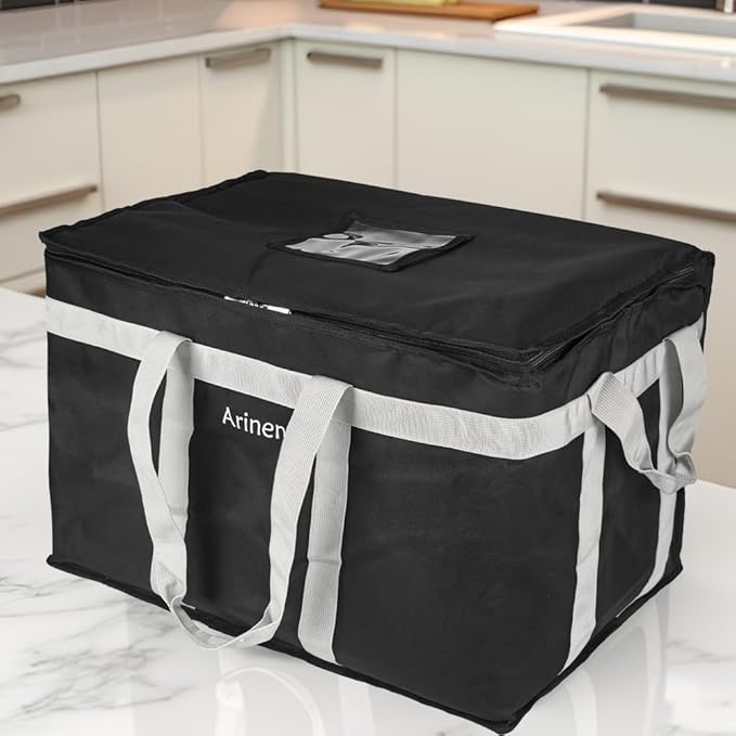 Food Delivery Insulated Bag Insulated Cold Meal Bag Built-in Base Plate For Hot and Cold Food Takeout Commercial Catering Transportation - 23 * 14 * 15 inches (Partitioned Black)