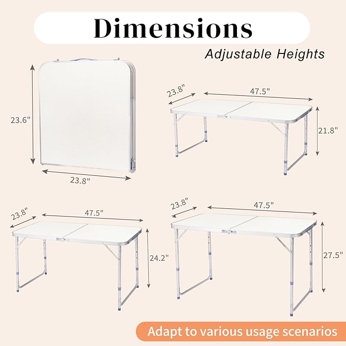 Portable Camping Table with Carrying HandleOutdoor Folding TableFolding Dining Tablefor Camping and Party (White 4ft)