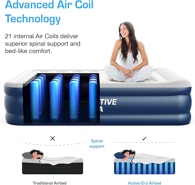 Active Era 20 Twin Air Mattress with Built-in Pump &amp Raised Pillow - Heavy Duty Puncture Resistant Waterproof Blow Up Bed