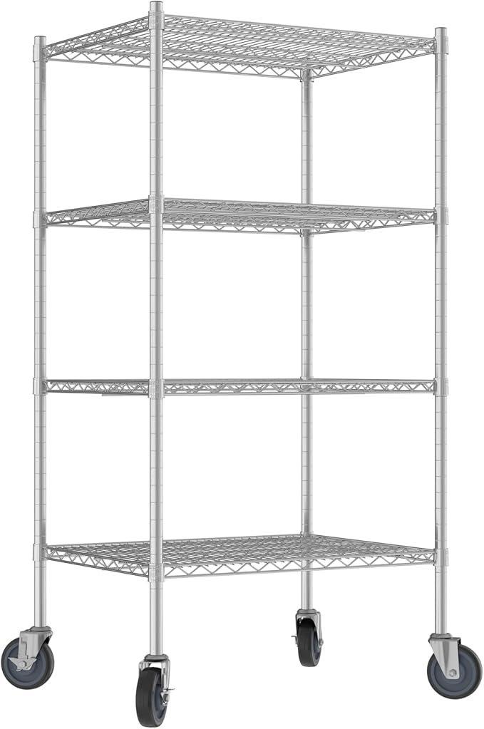 Commercial NSF Listed Chrome Mobile Wire Shelving Kit 24 x 30 x 60 with 4 Shelves Perfect for Warehouse Walk-in Refrigerator Freezer Grocery Store Restaurant Dishroom