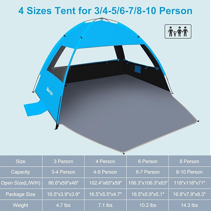 Gorich Beach Tent Sun Shelter for 3/4/6/8/10 Person with UPF 50＋ UV Protection Lightweight &amp Easy Setup Beach Shade Canopy Portable Beach Shade Tent Beach Cabana