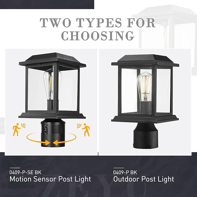 zeyu 12.2-Inch Outdoor Lamp Post Light Fixture 360° Detection 4 Modes Exterior Sensor Post Light Die-Cast Aluminum with Clear Glass Shade Black Finish 0409-P-SE BK