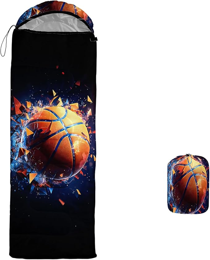 AILONEN Sports Basketball Sleeping Bag for Kids BoysWarm and Cool WeatherLightweightWaterproof Backpacking3D Galaxy Ball Print Sleeping Bag for Camping
