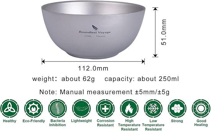 Boundless Voyage 250ML Titanium Double Wall Bowl Ultralight Portable Metal Food Rice Bowl Indoor Outdoor Camping Tableware for Adult Children Ti1093T