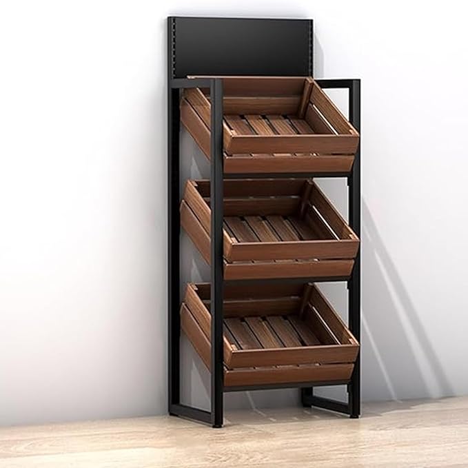 Commercial Supermarket Fruit &amp Vegetable Shelf 3/4 Tier Produce StorageLarge Capacity Retail Snack Rack Display With Wood Baskets Kitchen Onion Potato Produce(Black rack+brown box3 tier)