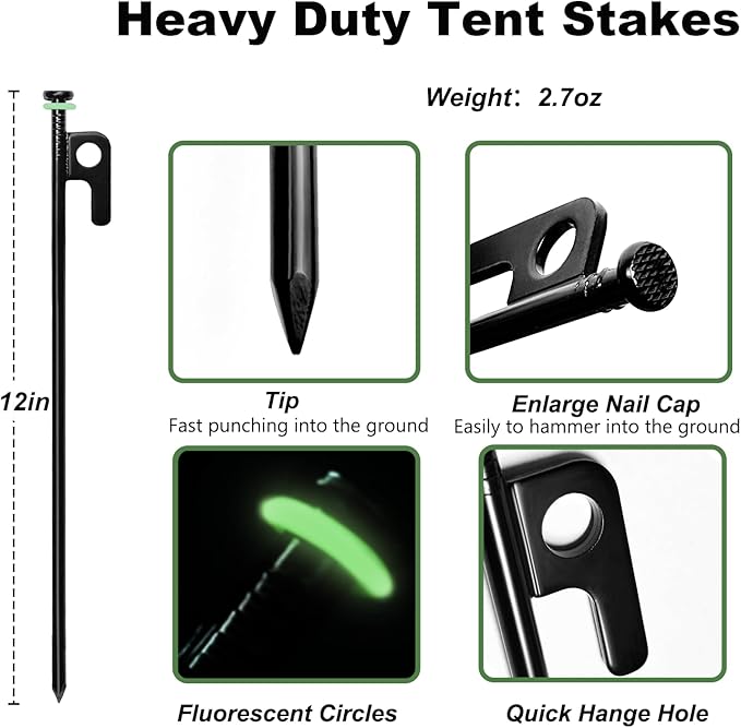 24Pcs Tent Stakes 12in Heavy Duty Tent Stakes with Storage Pouch Forged Steel Metal Stake for Tent Used on Rocky Place Grassland Dessert(24Pcs 12in Diameter 1/4)