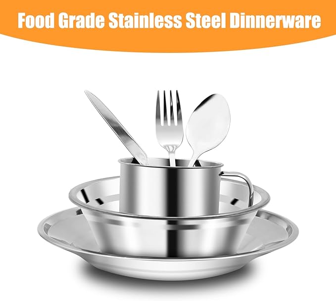 29pcs Stainless Steel Utensils Camping Tableware Kit with Bowls Plates Cups Forks Spoons and Knives for 4 Reusable Camping Flatware