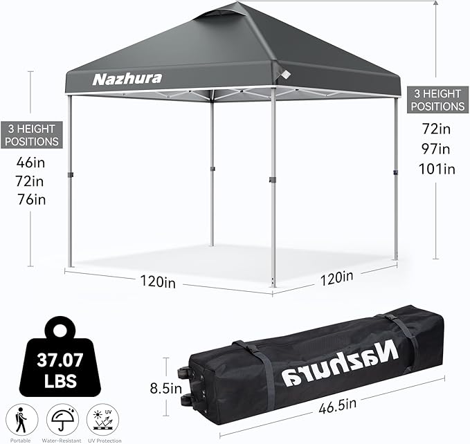 Nazhura 10' x 10' Pop Up Canopy Tent with Sand Weight Bag Awing for Patio Freestanding Sun Shelter for Picnic and Camping One Person Setup White (Grey)