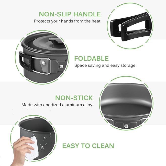 Camping Cookware Mess Kit Lightweight Aluminum Alloy Includes Pot Pan Kettle Dishes Cups Utensils Folding Bucket and Carrying Bag - Compact Outdoor Cooking Set for Hiking