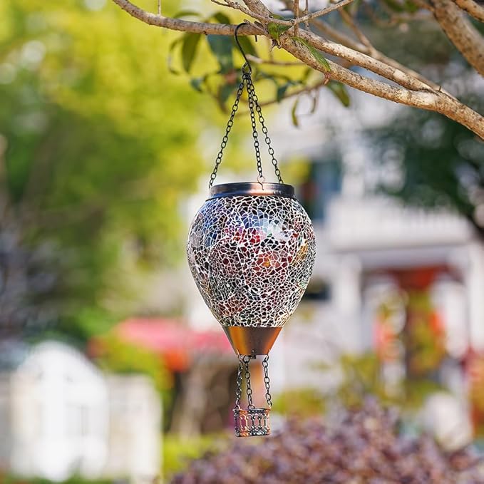 Mosica Hot Air Balloon Solar Lantern with Flame Glass Hanging Solars Lanterns Outdoor Waterproof Decorative Solar Light for Garden Yard Patio Decor