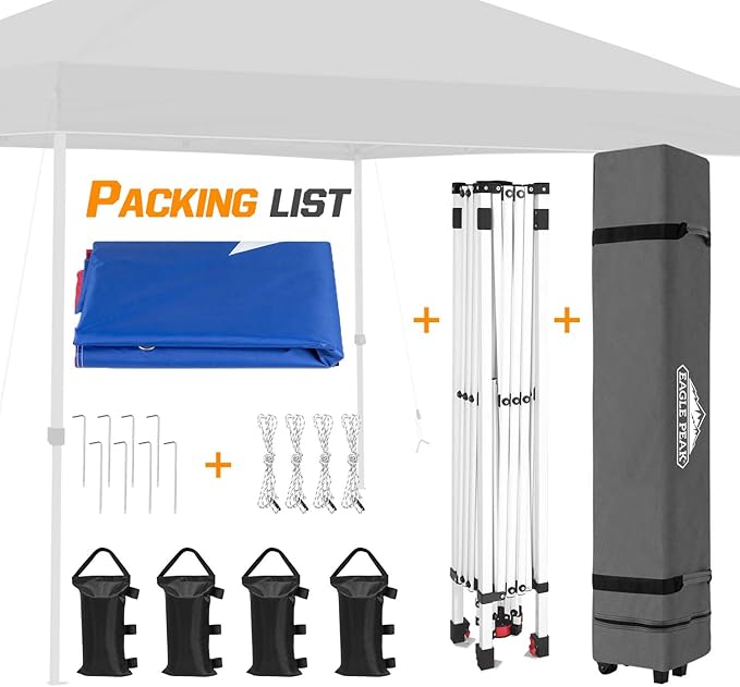 EAGLE PEAK Pop Up Canopy Tent with Wheeled Carry Bag 8 Stakes 4 Ropes 4 Weight Bags Easy Set Up Tent Canopy 10x10 ft 100sqft of Shade Texas
