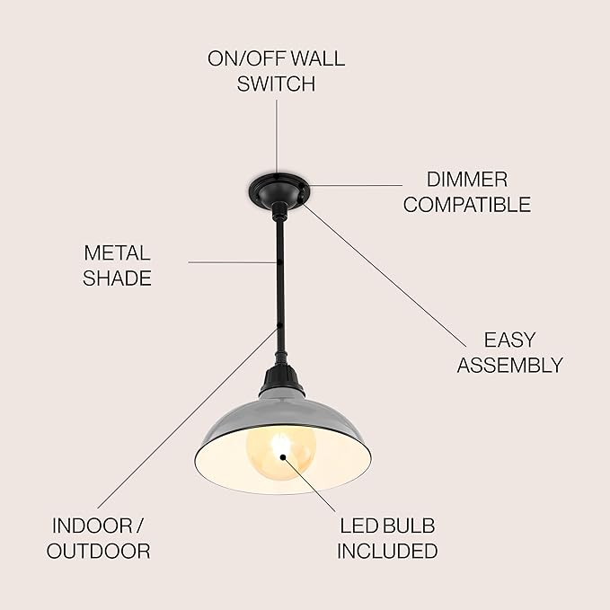 JONATHAN Y 12.25 Gray/Black 1-Light Farmhouse Indoor/Outdoor LED Pendant Iron Hanging Light and Black Metal Shade Rustic Ceiling Lamp for Kitchen Island LED Bulb Included (JYL7611D)