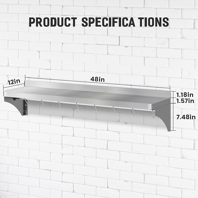 48 x 12 Stainless Steel Shelf Wall Mounted | Heavy-Duty Commercial Stainless Steel Shelf Storage with 8 Hooks for Kitchen Wall Restaurant Garage and Microwave Oven